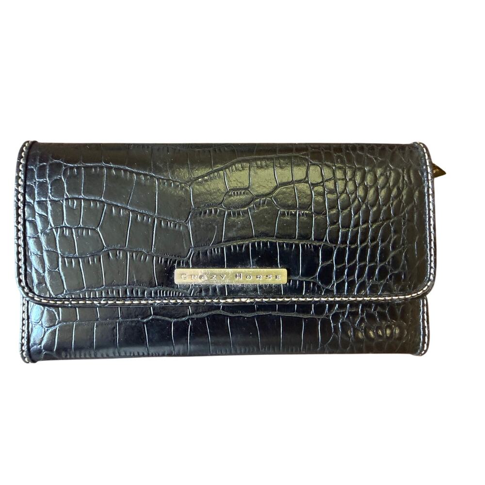 CRAZY HORSE BY LIZ CLAIBORNE BLACK CROC EMBOSSED CHECKBOOK WALLET VINTAGE Y2K